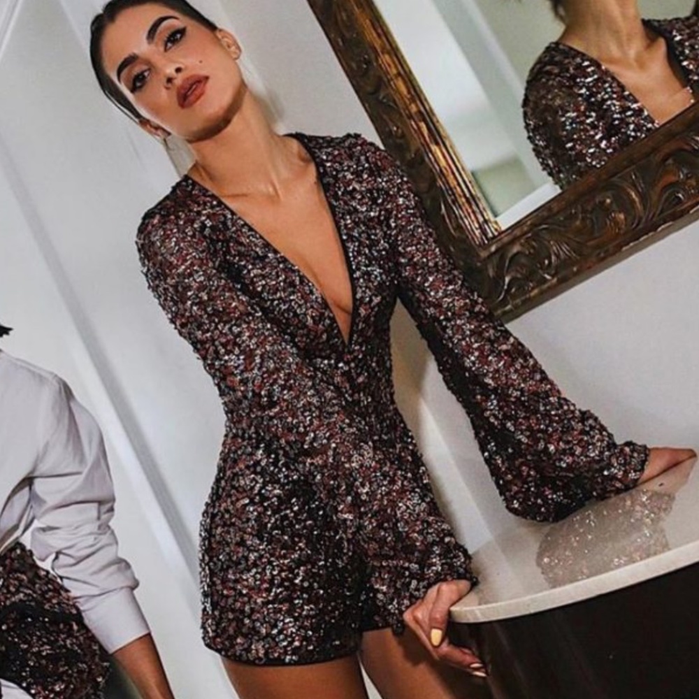 Camila Coelho Sequin Jumpsuit in Black and Silver